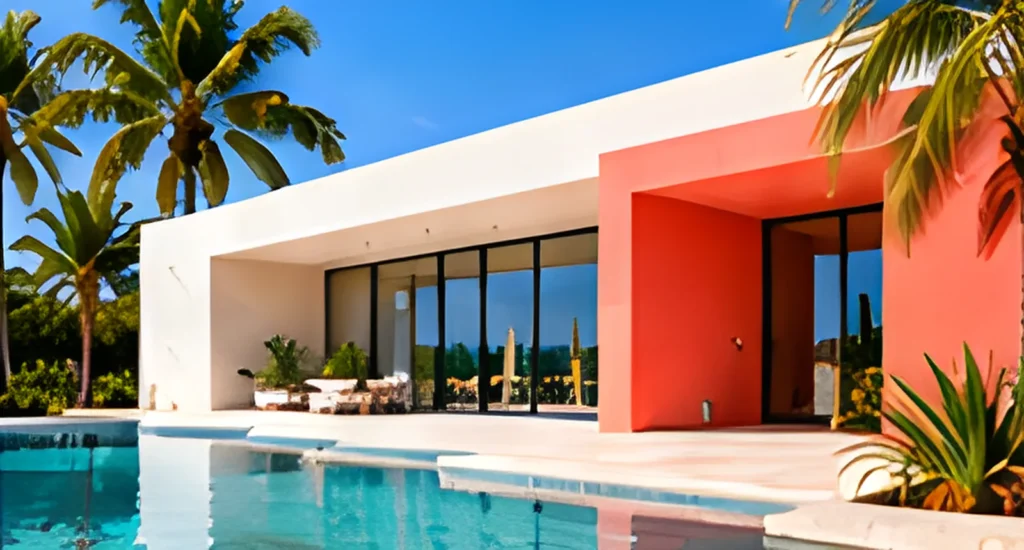 Maison conceptuelle blanche et corail au bord d’un bassin.