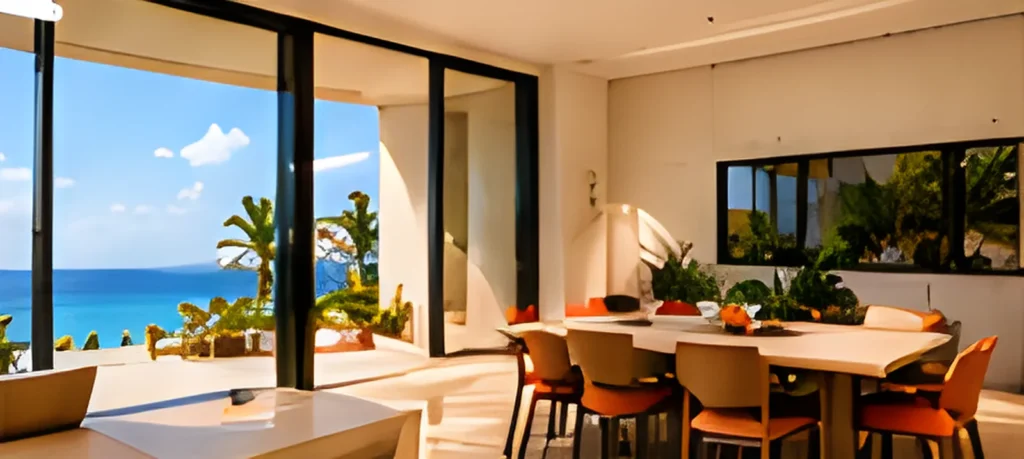 Séjour conceptuel ouvert sur une terrasse et l’horizon marin.