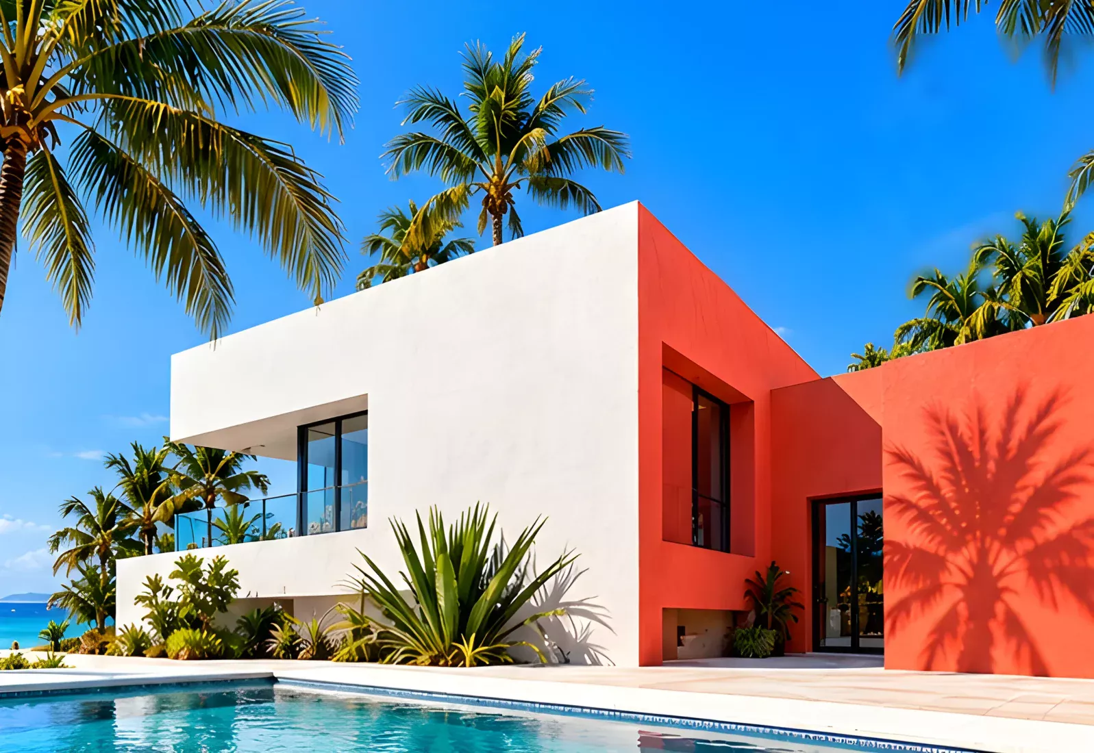 Villa contemporaine conceptuelle blanche et corail sous les palmiers, au bord d’un bassin.